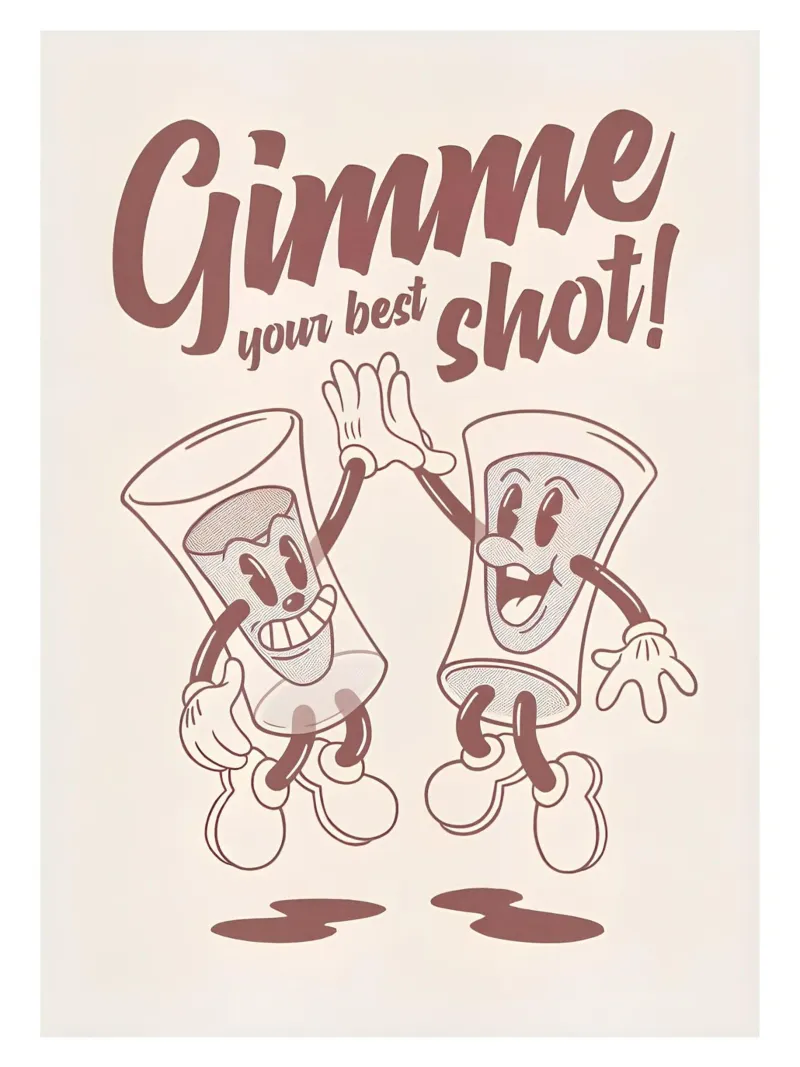 Stampa d'arte "Gimme Your Best Shot", cartone animato d'epoca, retrò, da bere poster con telaio in legno da NorwesClub