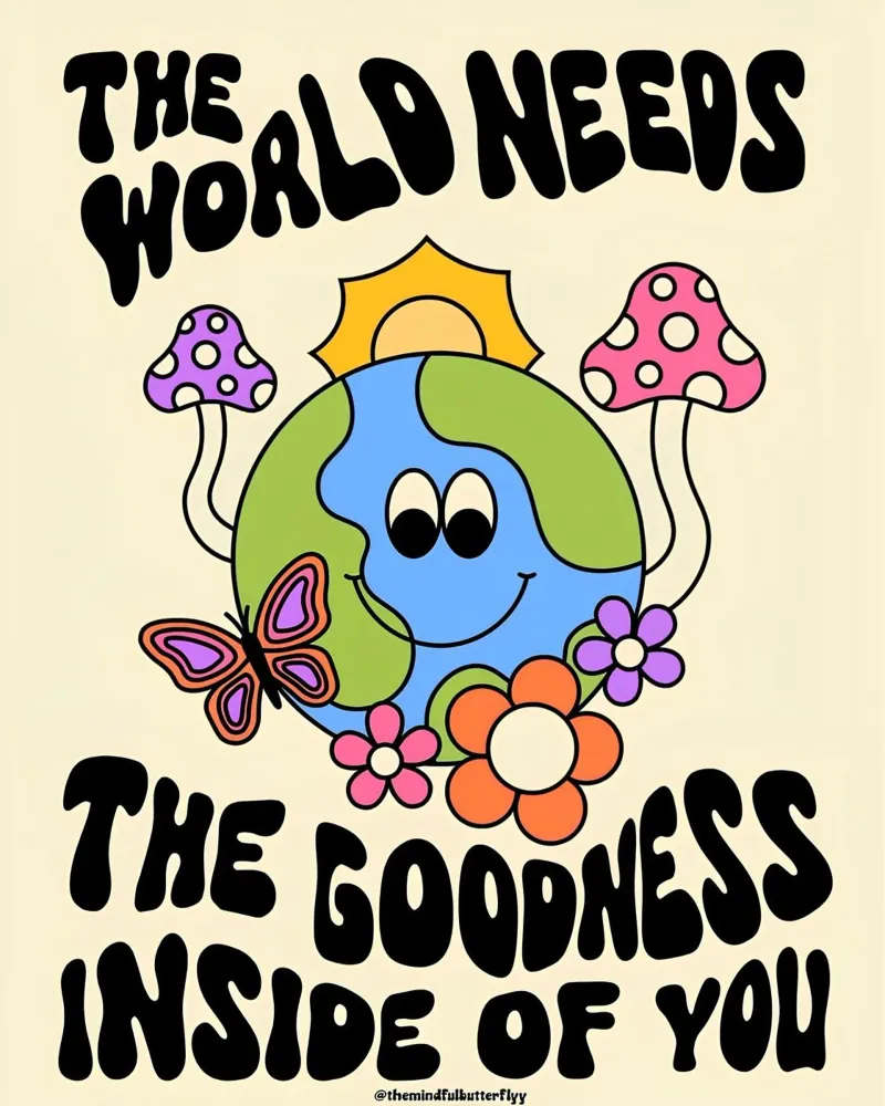 "Die Welt braucht dich" Psychedelisch Groovy Positiv Kunstdruck Hahnemühle von NorwesClub