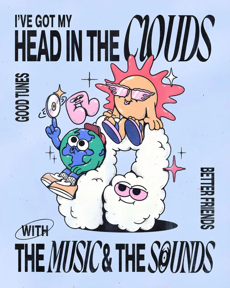"Kopf in den Wolken" Groovy Sonne Erde Musik Pop Art Druck Poster von NorwesClub