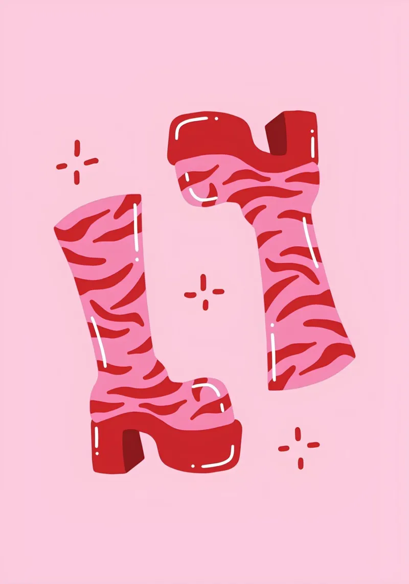 "Groovy Tiger Boots" Retro Rosa 60er Jahre Mode Pop Art Poster mit Kunststoffrahmen von NorwesClub