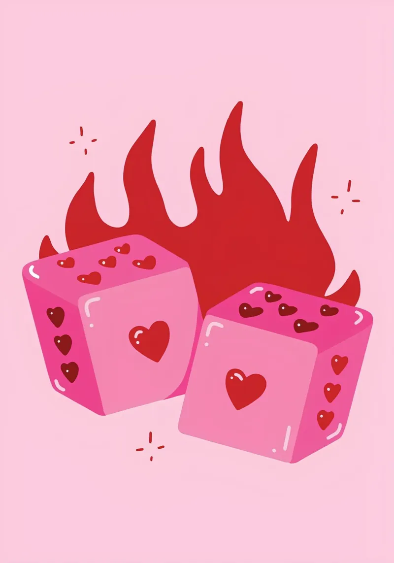 Cuore fiammeggiante, dadi rosa, stampa d'amore pop art retrò alluminio dibond da NorwesClub