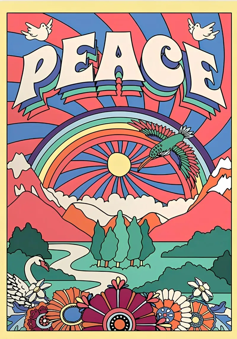 Pop Art "Peace" Psichedelico Groovy anni '70 floreale a raggi di sole pellicola backlit da NorwesClub