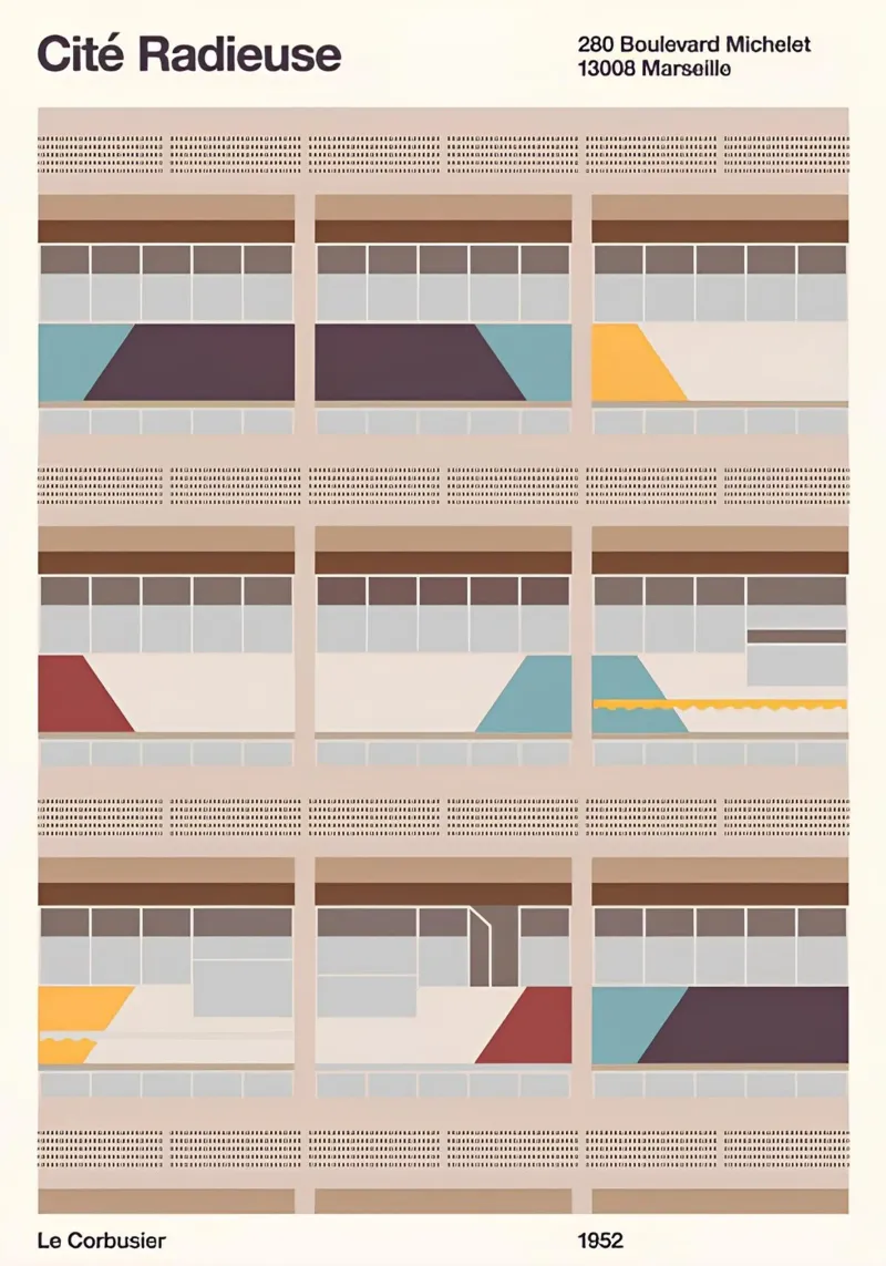 Le Corbusier La Cité Radieuse Abstract Brutalist Art Print lámina retroiluminada de NorwesClub