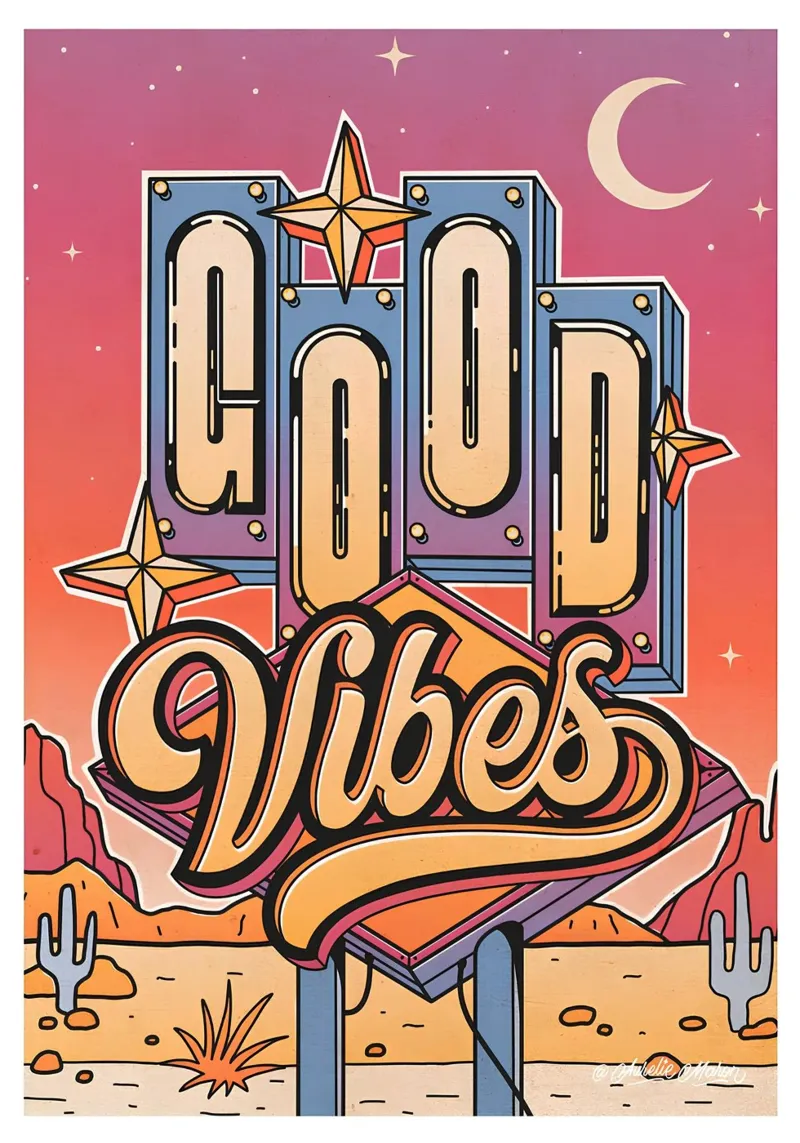 Segno "Good Vibes" Retro Neon Pop Art Groovy stampato pellicola backlit da NorwesClub