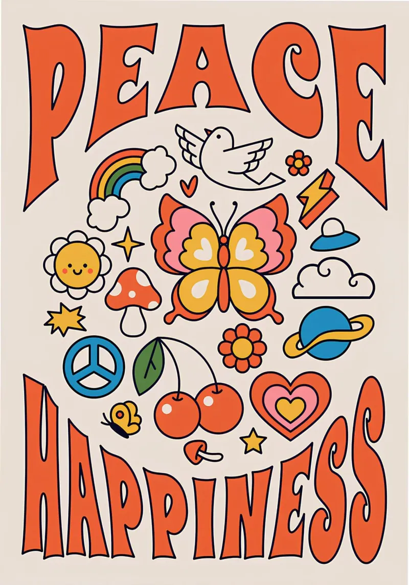 "Pace e felicità" Retro Psychedelic Floral Sun Pop Art pellicola backlit da NorwesClub
