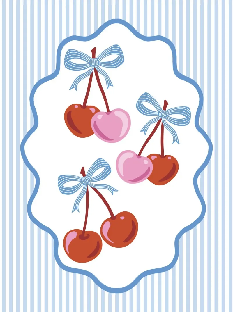Coquette cherries with blue ribbons and stripes canvas by Vivdesign
