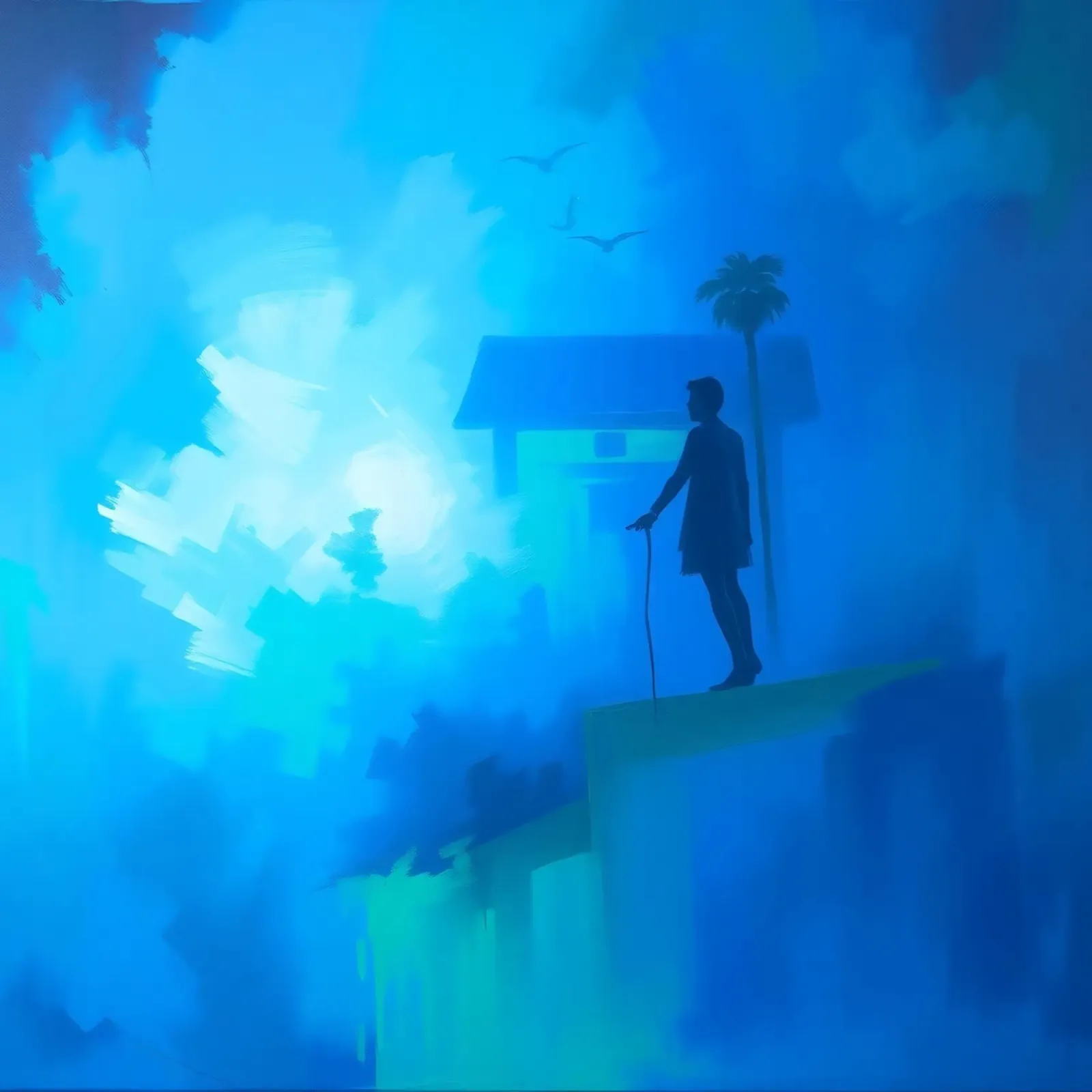 Una figura solitaria si trova su una scogliera e guarda in un paesaggio nebbioso. pellicola backlit da DesignDoodle