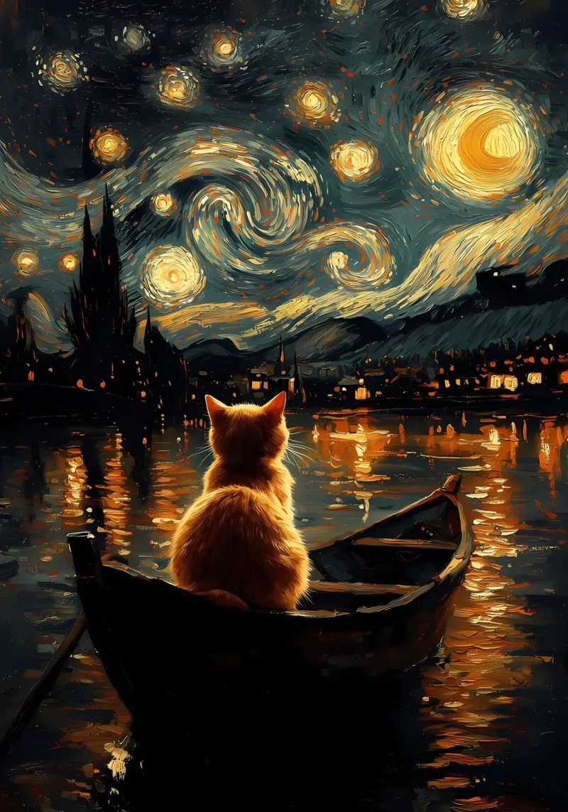 cat orange cat boat lake night sky acrylic glass by Paul Vasquez