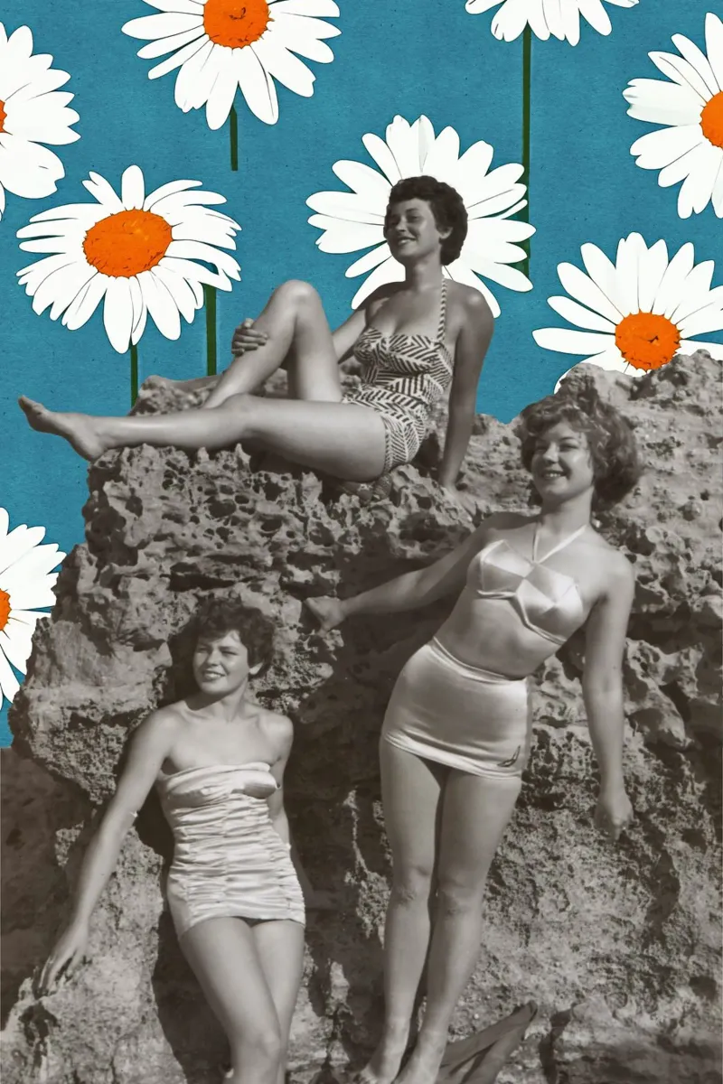 Ragazze del sole vintage - Collage floreale retrò pellicola backlit da luciette plastique
