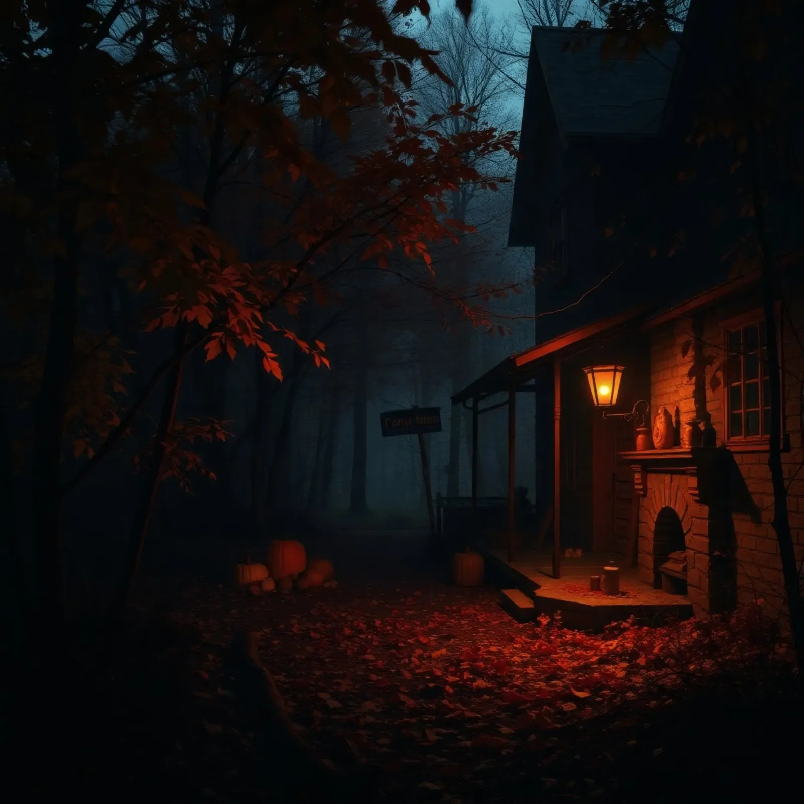 serata in una vecchia baita circondata da nebbia e foglie d'autunno pellicola backlit da DesignDoodle