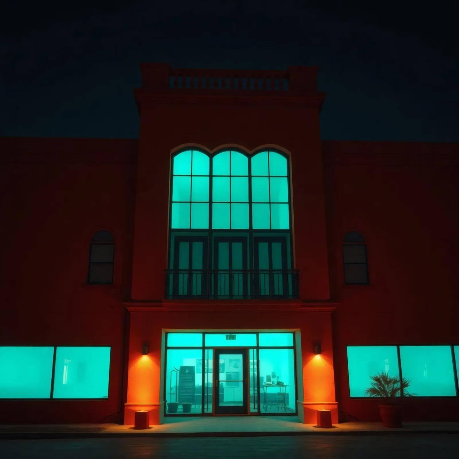 Brightly illuminated building with blue-green windows canvas by DesignDoodle