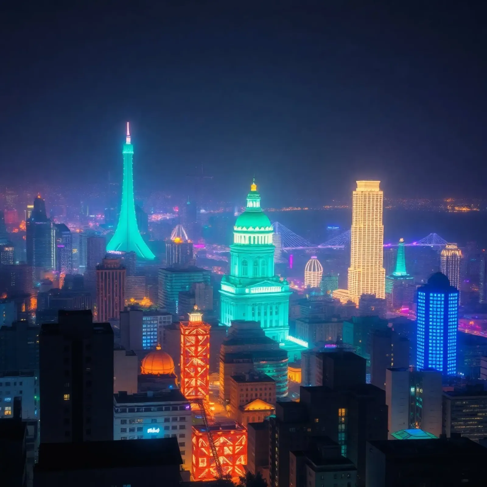 Lo skyline della città si illumina di notte e mette in mostra l'architettura moderna. poster con telaio in alluminio da DesignDoodle