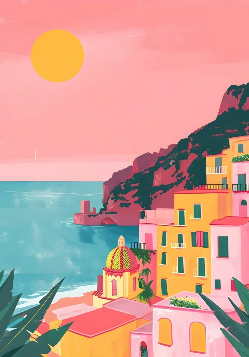 Retro Amalfiküste Mittelmeer Reise Pop Art Druck Poster mit Kunststoffrahmen von NorwesClub