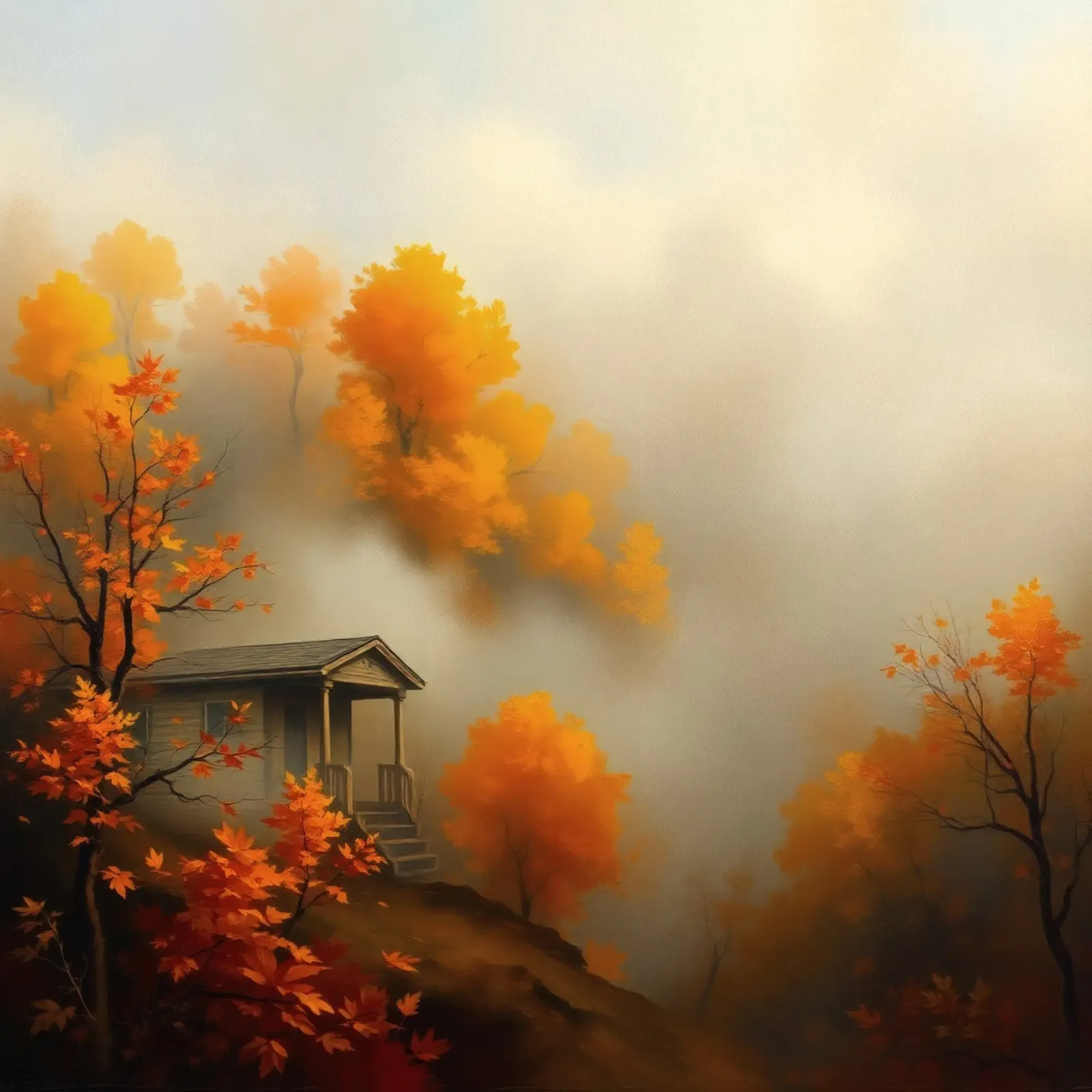 Accogliente baita circondata da un vivace fogliame autunnale immerso nella nebbia pellicola backlit da DesignDoodle