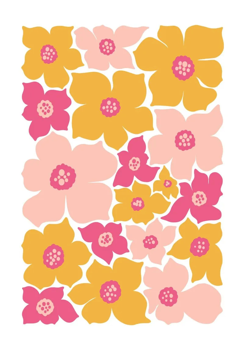 Psicodélico Rosa Hippie Flores Retro Negrita Floral Pop Art poster con marco de madera de NorwesClub