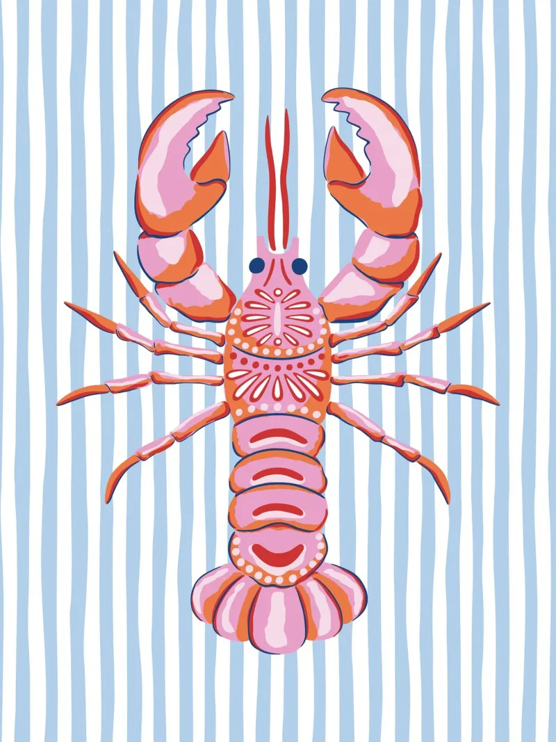 Red and pink lobster on blue and white stripes Poster mit Aluminium Rahmen von Vivdesign