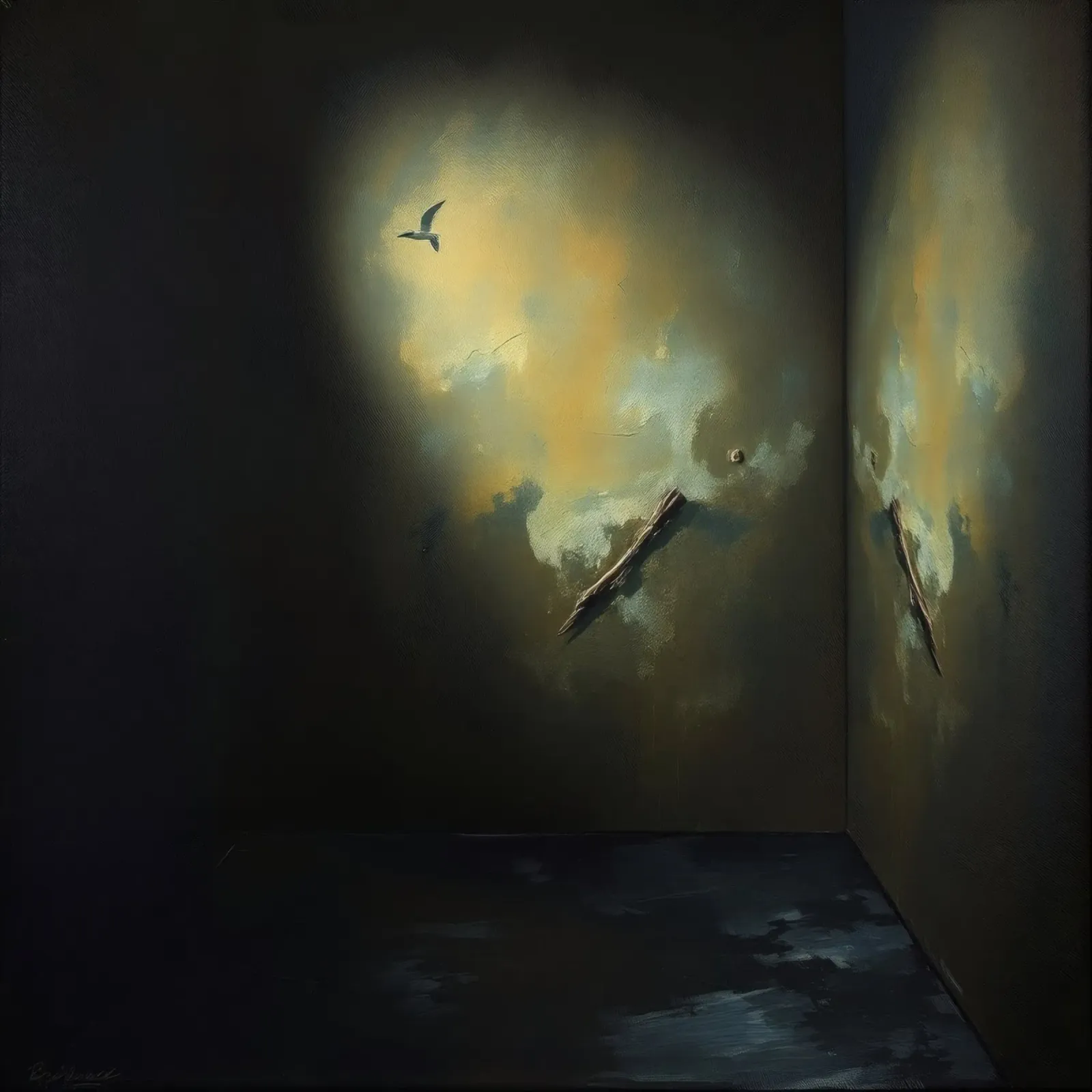 Dark room with abstract lighting and bird silhouette hahnemühle by DesignDoodle