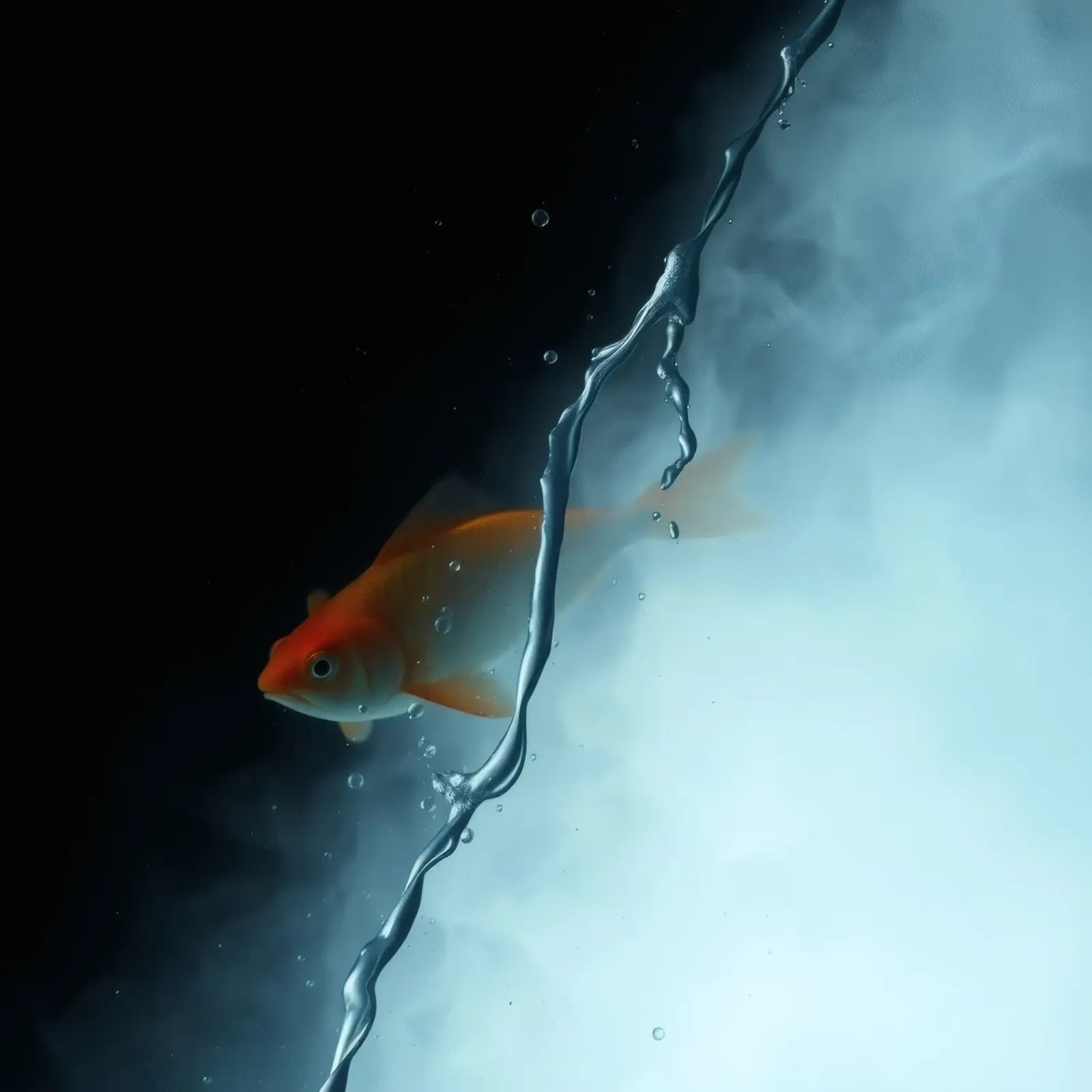 goldfish swimming through misty water in a serene aquarium canvas with Floater frame by DesignDoodle
