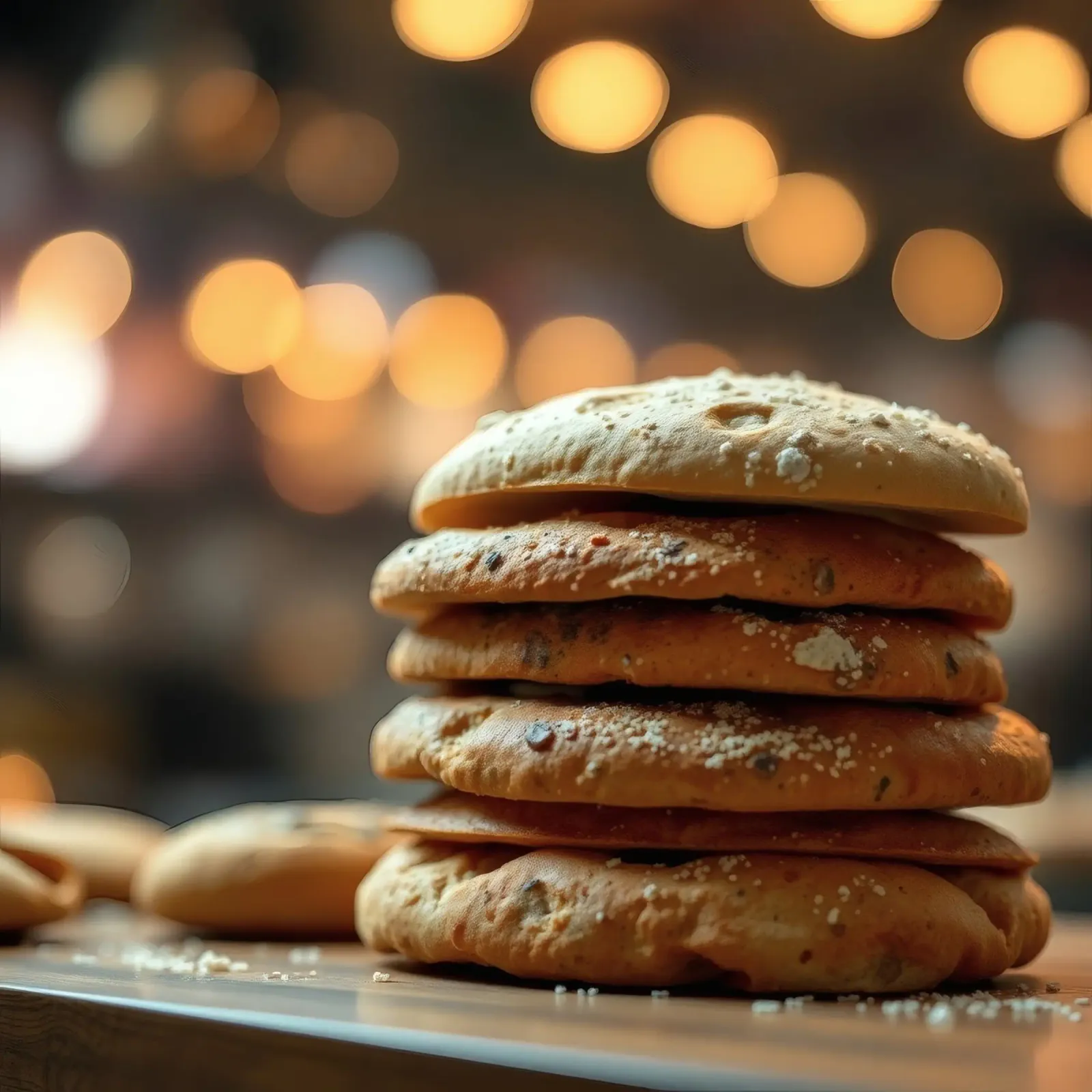 Freshly baked bread rolls stacked on a wooden surface alu-dibond by DesignDoodle