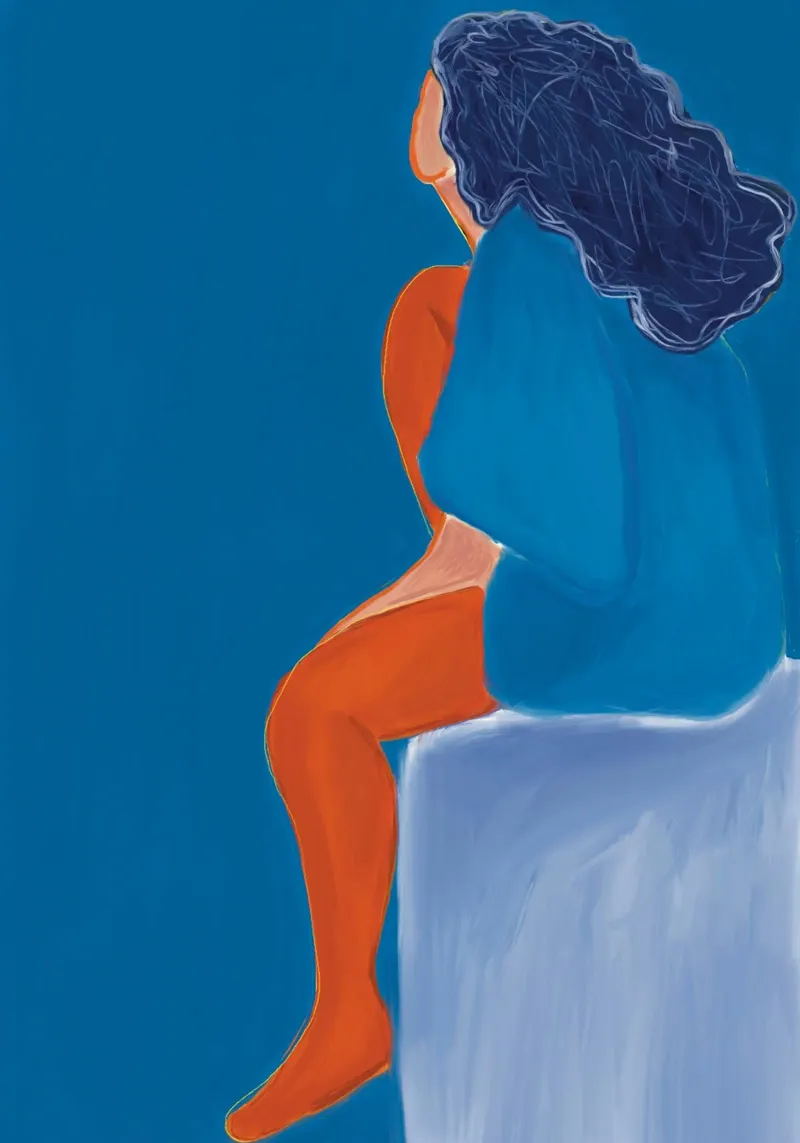 Woman in blue and red poster con telaio in legno da tainah negreiros