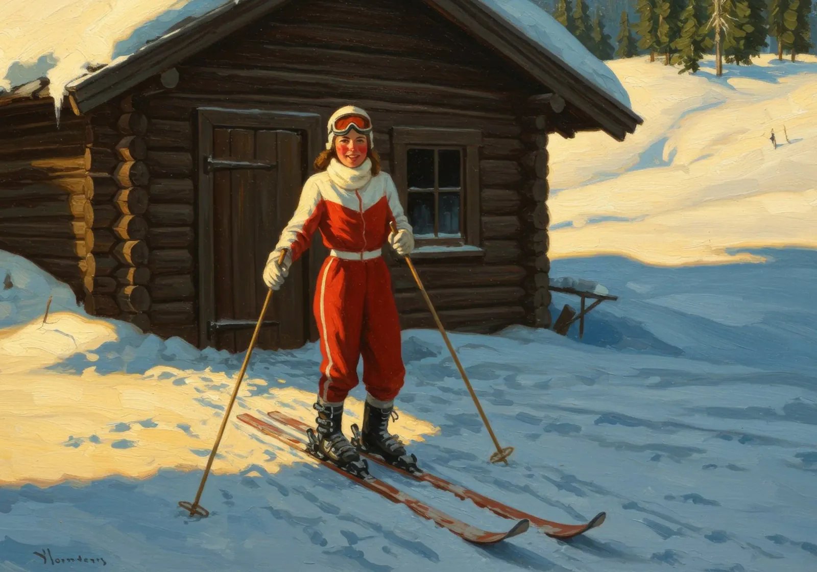 Ragazza sciatrice vintage poster con telaio in legno da Art Center
