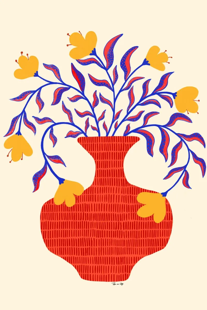 Gelbe Blumen in roter Vase. carta hahnemühle da Floral by Tida