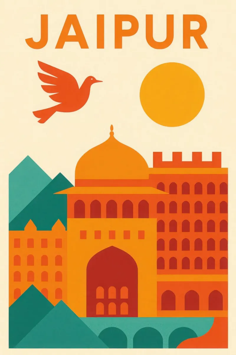 Jaipur, volo arancione sulla città rosa poster con telaio in alluminio da JETLAG | affiches voyage
