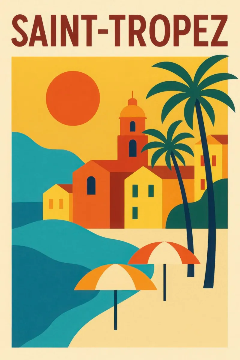 Saint-Tropez - Sole, palme e dolce vita poster con telaio in legno da JETLAG | affiches voyage