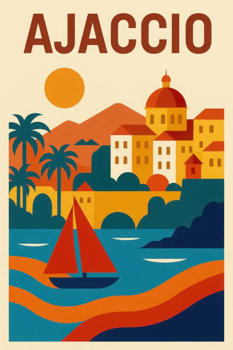 Ajaccio - Il mare, la pietra e il fuoco del sole poster con telaio in plastica da JETLAG | affiches voyage