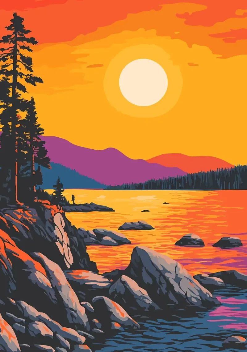 tramonto lago riva rocciosa pini poster con telaio in alluminio da James Isaac Jackson