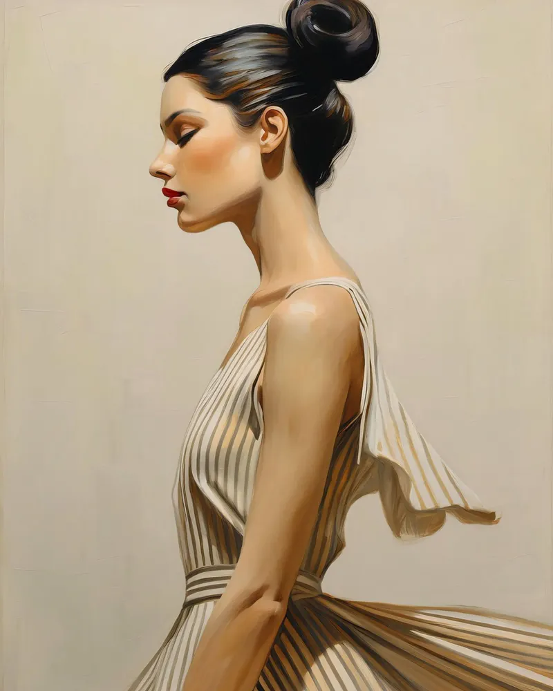 Retrato mujer elegante con vestido de colores suaves naturales lienzo con Marco flotante de Take Your Art BV