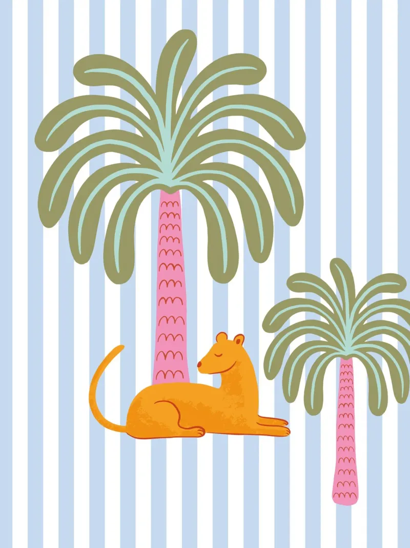 Orange jungle cat with palm on blue stripes alluminio dibond da Vivdesign