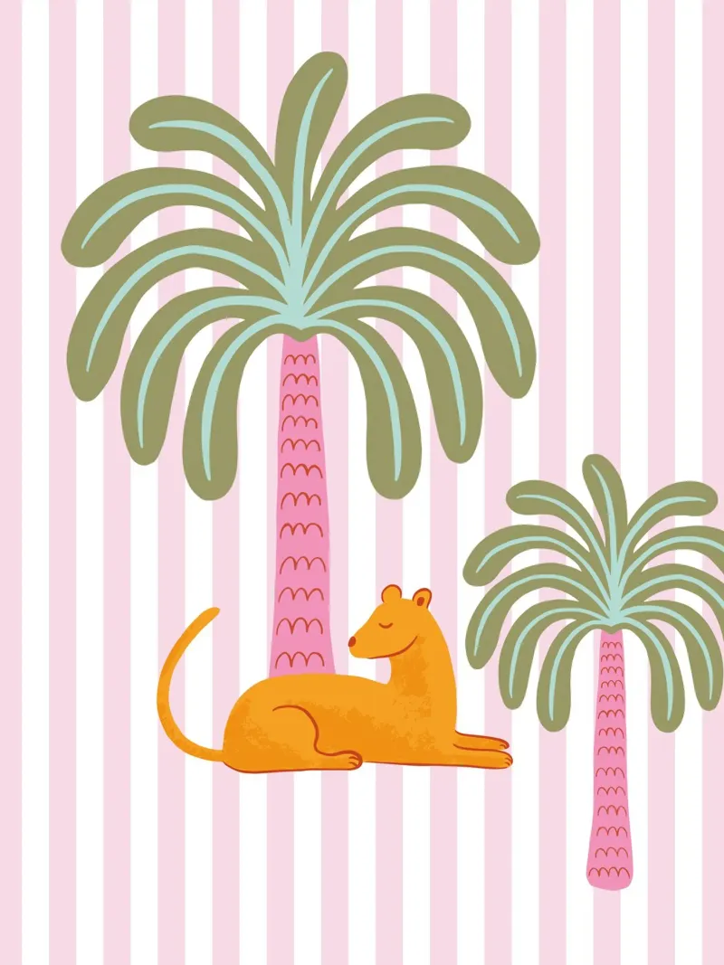 Orange jungle cat with palm trees on pink stripes carta hahnemühle da Vivdesign