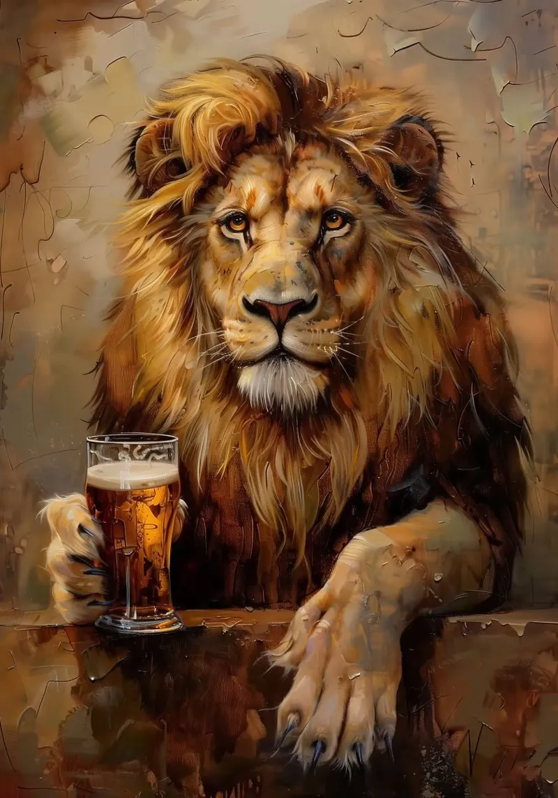Leone che beve birra pellicola backlit da Abstract Botanical Art