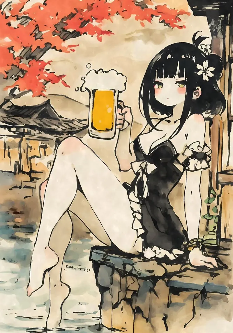ragazza anime che beve birra poster con telaio in plastica da Abstract Botanical Art