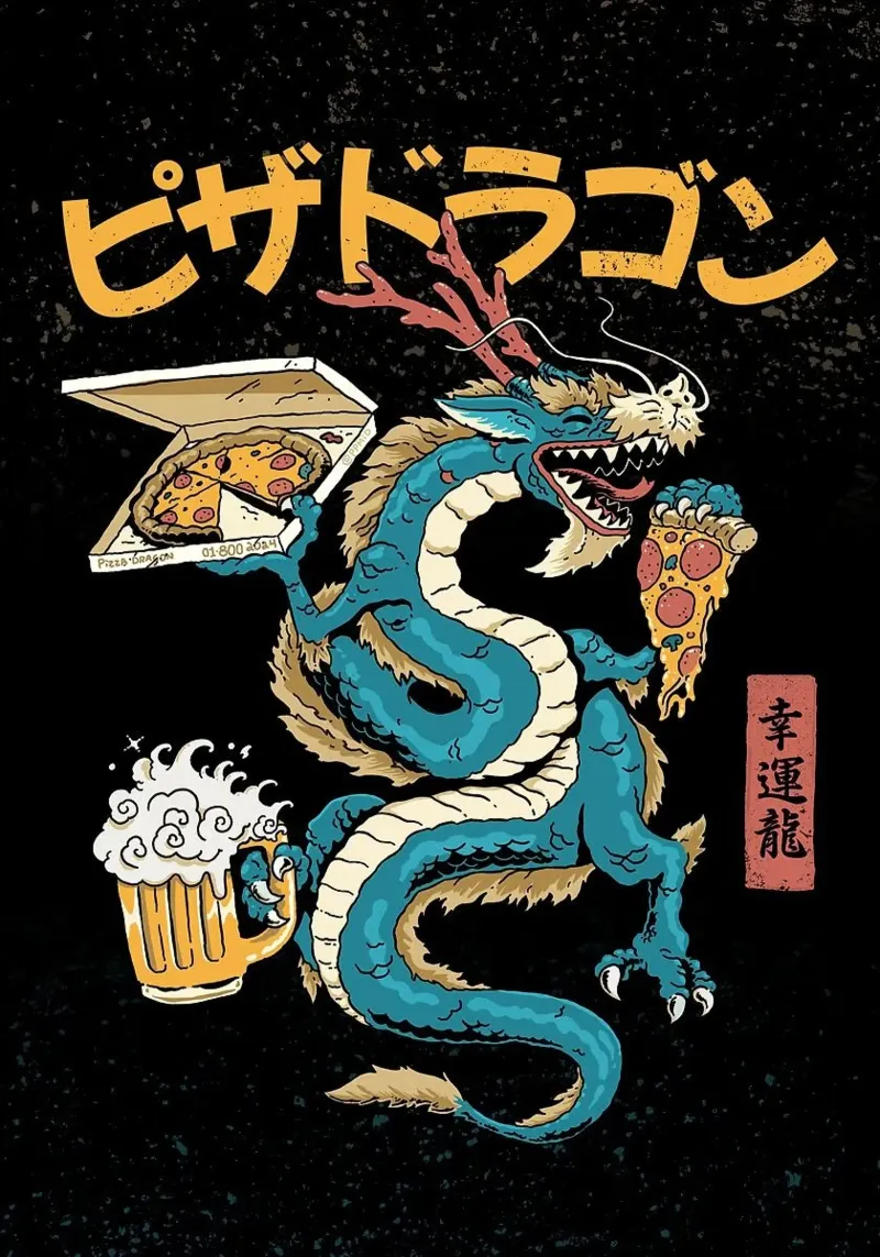 Dragon drinking beer with pizza pellicola backlit da Abstract Botanical Art