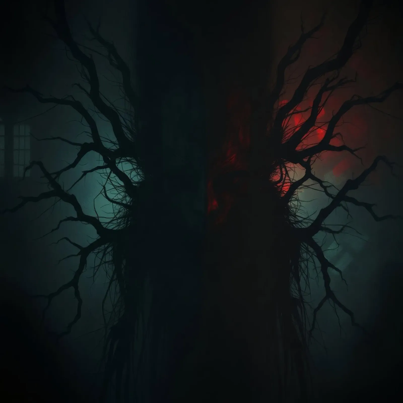Dark tree with eerie branches illuminated by red and blue canvas by DesignDoodle