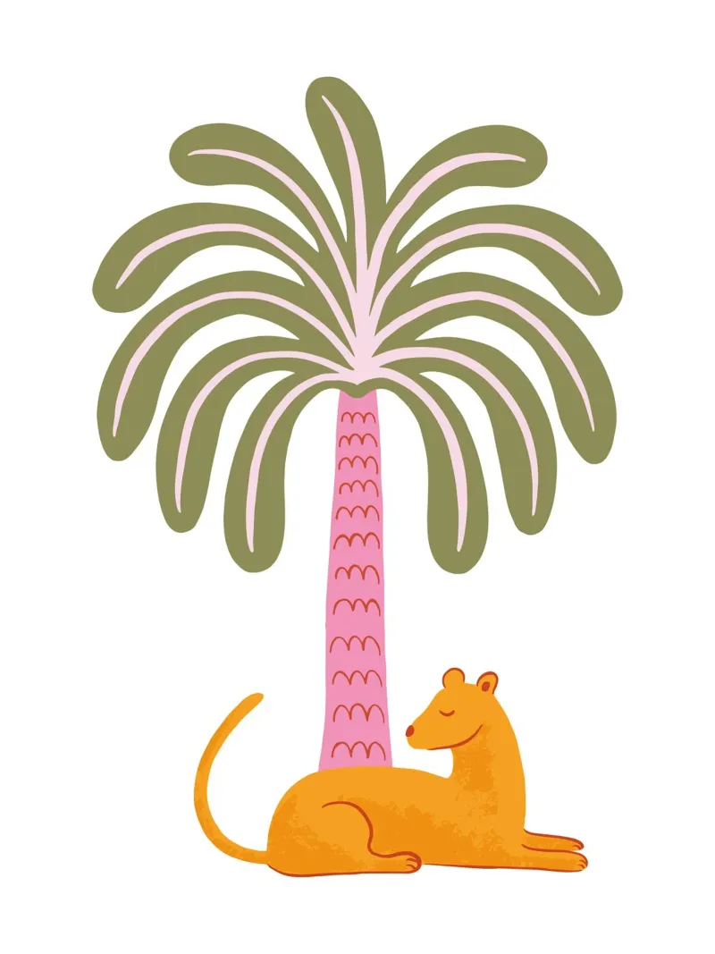 Orange jungle cat with palm tree carta hahnemühle da Vivdesign