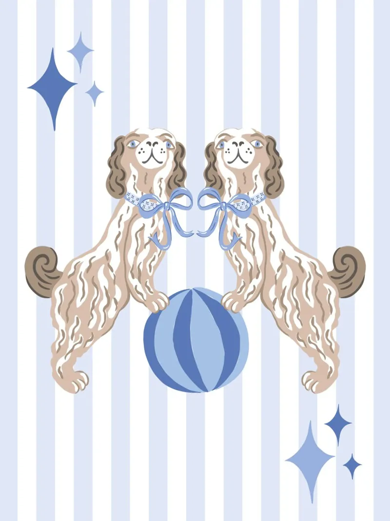 Staffordshire dogs with beach ball on blue and white stripes poster avec cadre en bois de Vivdesign