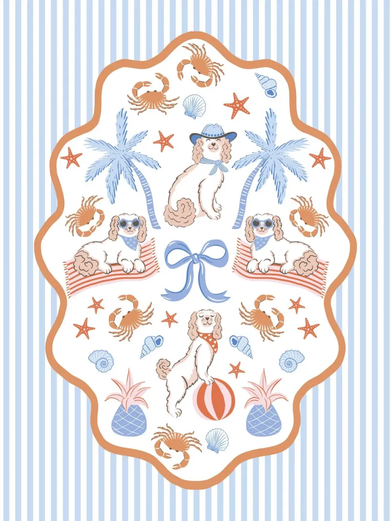 Doodle dogs on the beach - blue and orange tela con Cornice a cassetta da Vivdesign