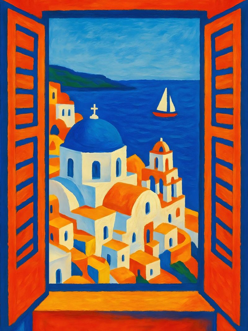 SANTORINI GRIECHENLAND BLICK AUS DEM FENSTER - MATISSE-STIL Poster von ARTOMATIC
