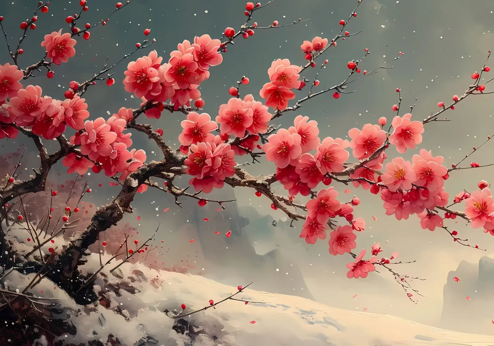 fiori di ciliegio rami di alberi di neve pellicola backlit da Janine P McGuire