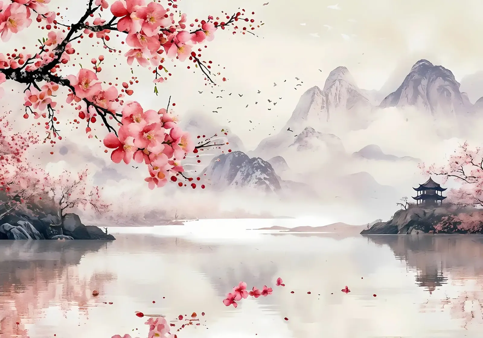 fiori di ciliegio montagne lago di nebbia carta hahnemühle da Janine P McGuire