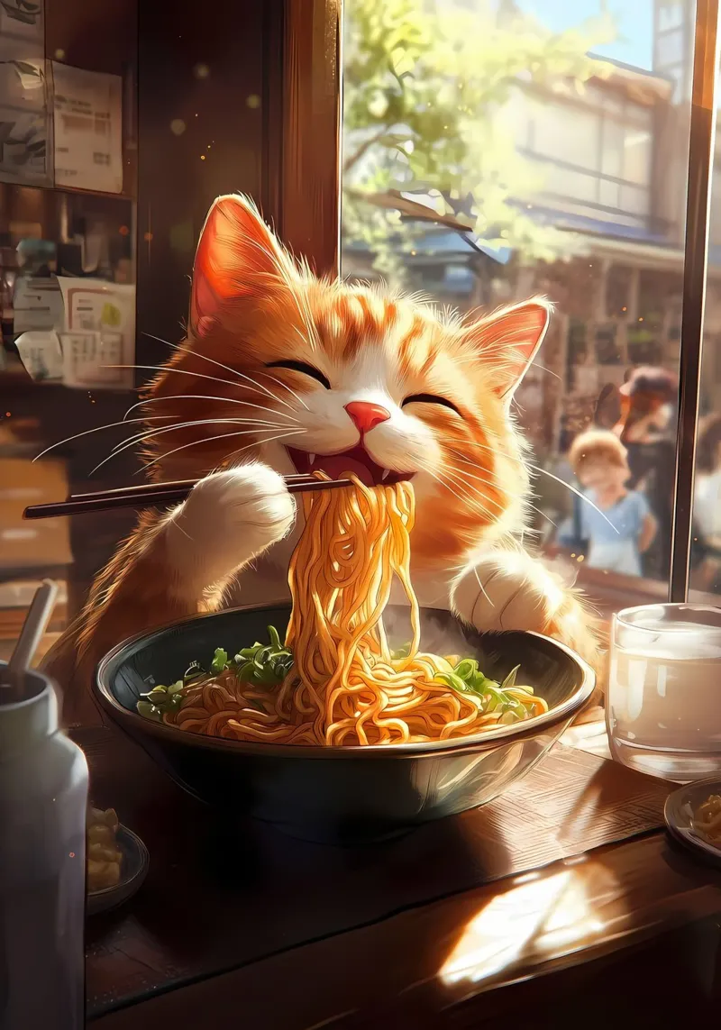 cat noodles ramen chopsticks hahnemühle by Paul Vasquez