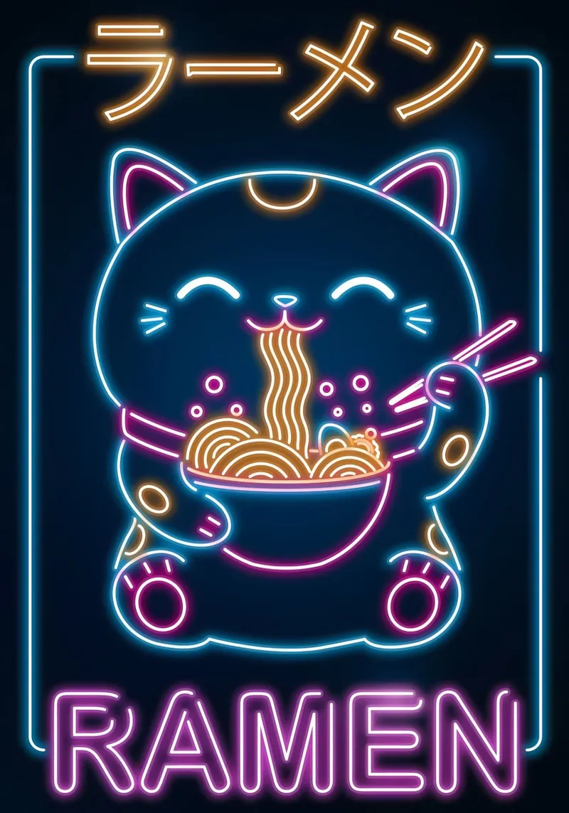 ciotola con bacchette per ramen al neon Lucky Cat pellicola backlit da Paul Vasquez