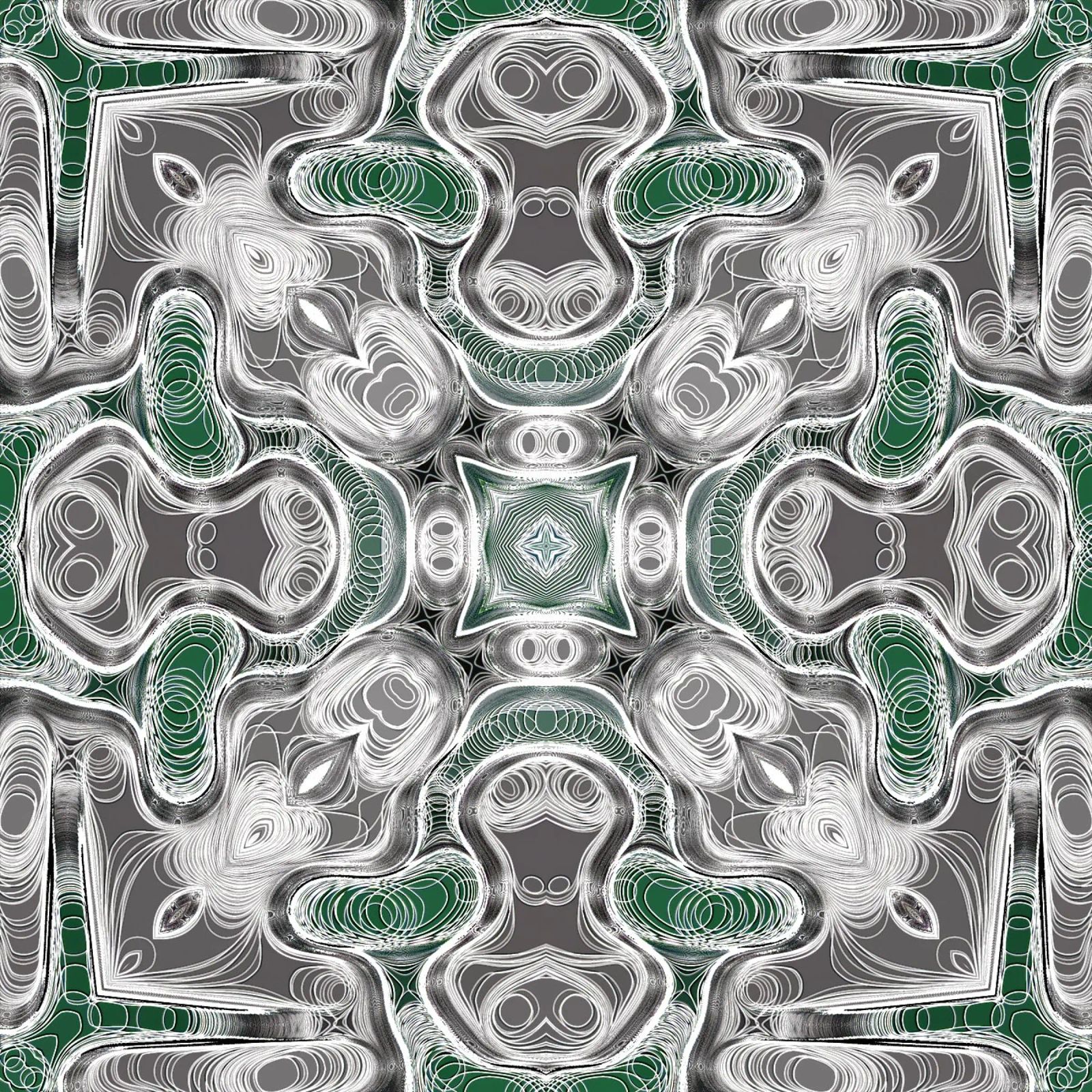Kaleidoskop in grau/grün mit komplexen Linien und Formen Hahnemühle von Gürsel Yesil Digital Art