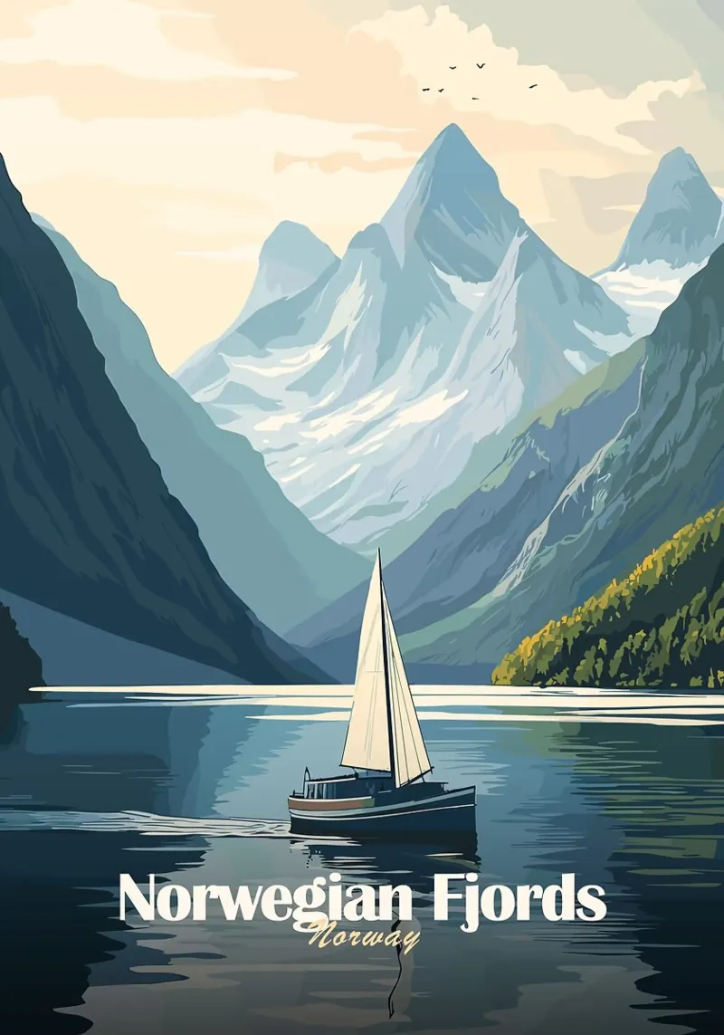 Fjord Berge Segelboot Wasser Wolken Hahnemühle von Kirsten C Nolan