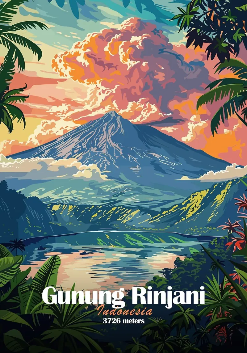 berg rinjani vulkaan tropisch gebladerte meer canvas met Baklijst van James Isaac Jackson
