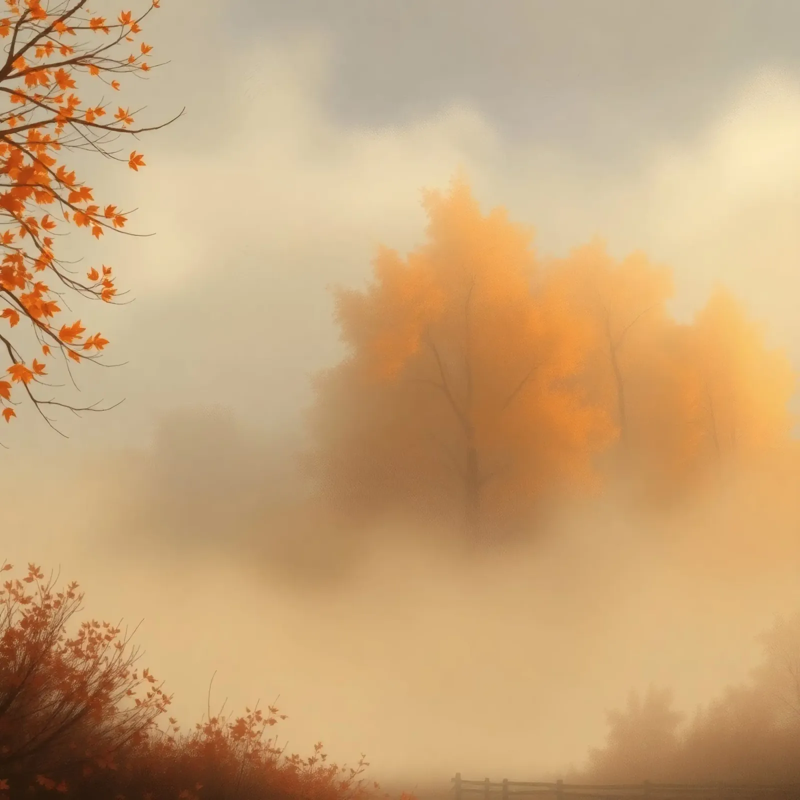 Vibrant autumn trees emerge through morning fog canvas by DesignDoodle