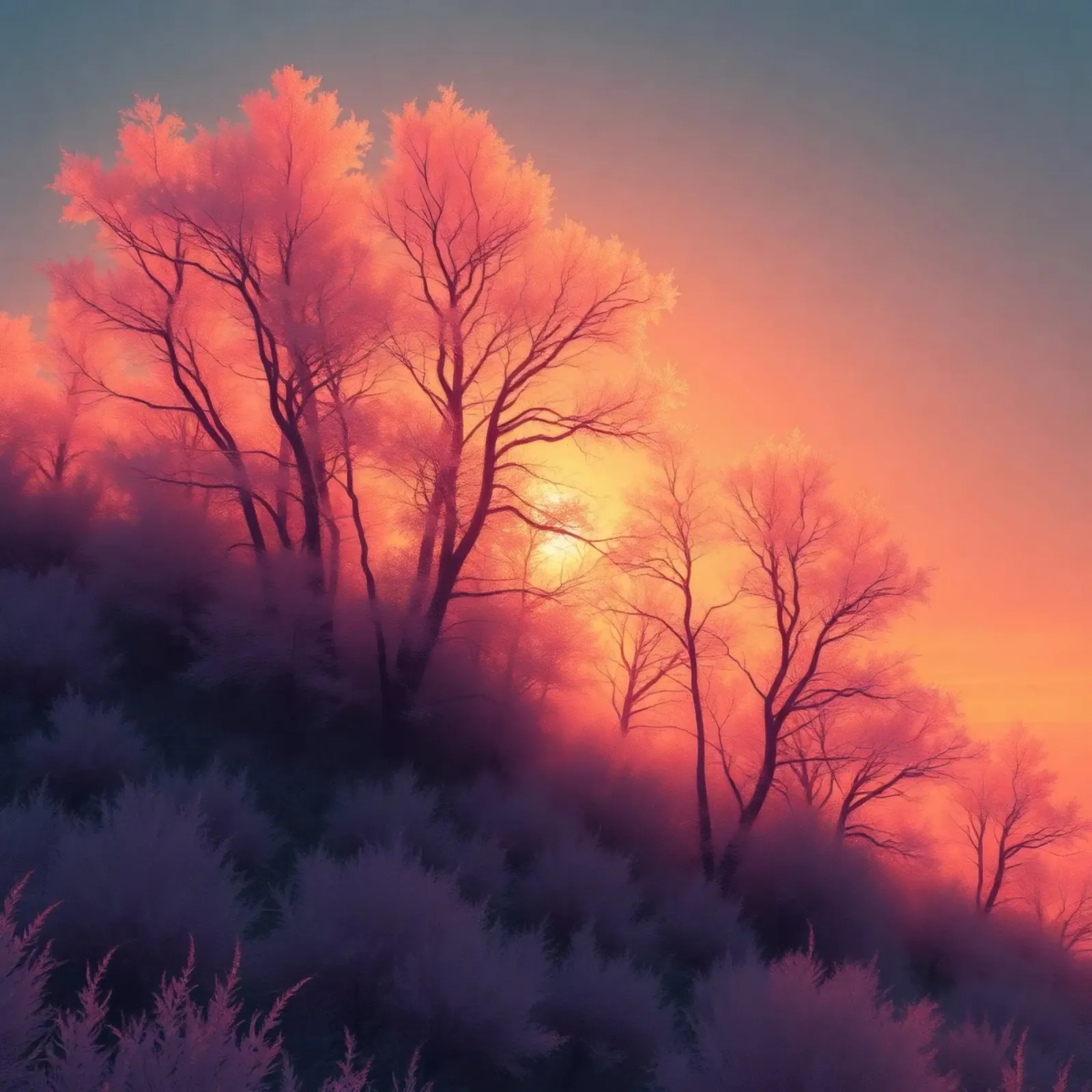 Tramonto invernale sugli alberi smerigliati in una serata fredda in un'area sere pellicola backlit da DesignDoodle